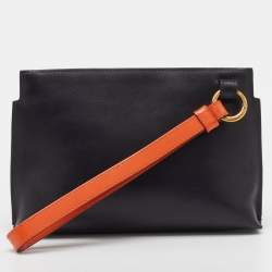 Pre Owned Loewe Black/Orange Leather and Patent Leather Anagram T Pouch