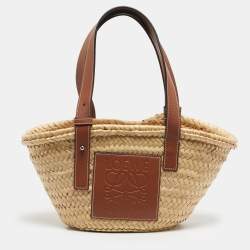 Pre Owned Loewe Beige/Brown Raffia and Leather Small Basket Tote