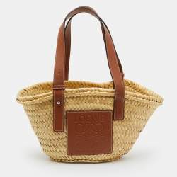 Pre Owned Loewe Beige/Brown Raffia and Leather Bolso Small Basket Bag