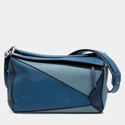 Pre Owned Loewe Blue Medium Tricolor Calfskin Puzzle Satchel