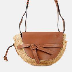 Pre Owned Loewe Gate Shoulder Bag Tan/Natural Raffia Leather Size Small