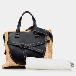 Pre Owned Loewe Beige/Black Small Raffia and Leather Gate Top Handle Bag