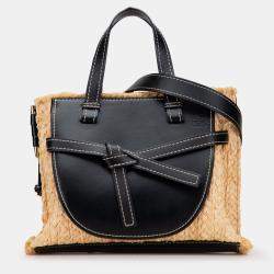 Pre Owned Loewe Beige/Black Small Raffia and Leather Gate Top Handle Bag