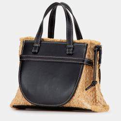 Pre Owned Loewe Beige/Black Small Raffia and Leather Gate Top Handle Bag