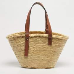 Pre Owned Loewe Tan/Natural Palm Leaf and Leather Medium Basket Tote