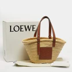 Pre Owned Loewe Tan/Natural Palm Leaf and Leather Medium Basket Tote