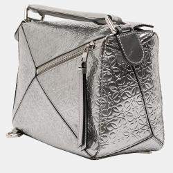 Pre Owned Loewe Silver Small Anagram Embossed Patent Puzzle Satchel