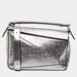 Pre Owned Loewe Silver Small Anagram Embossed Patent Puzzle Satchel