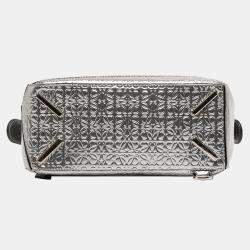 Pre Owned Loewe Silver Small Anagram Embossed Patent Puzzle Satchel