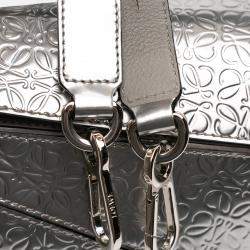 Pre Owned Loewe Silver Small Anagram Embossed Patent Puzzle Satchel