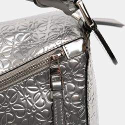 Pre Owned Loewe Silver Small Anagram Embossed Patent Puzzle Satchel