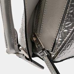 Pre Owned Loewe Silver Small Anagram Embossed Patent Puzzle Satchel