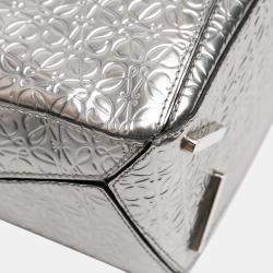 Pre Owned Loewe Silver Small Anagram Embossed Patent Puzzle Satchel
