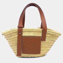 Pre Owned Loewe Beige Brown Raffia Basket Woven Tote Bag