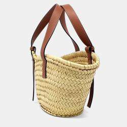 Pre Owned Loewe Beige Brown Raffia Basket Woven Tote Bag