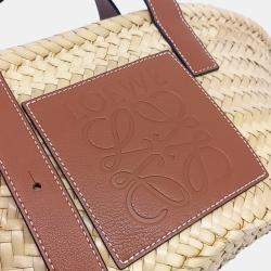 Pre Owned Loewe Beige Brown Raffia Basket Woven Tote Bag