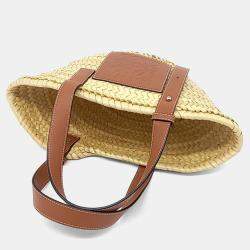 Pre Owned Loewe Beige Brown Raffia Basket Woven Tote Bag