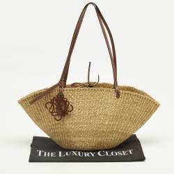 Pre Owned Loewe Brown/Natural Woven Raffia and Leather Shell Basket Tote