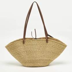 Pre Owned Loewe Brown/Natural Woven Raffia and Leather Shell Basket Tote