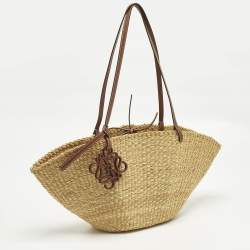 Pre Owned Loewe Brown/Natural Woven Raffia and Leather Shell Basket Tote