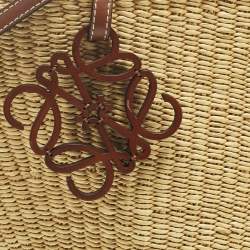 Pre Owned Loewe Brown/Natural Woven Raffia and Leather Shell Basket Tote