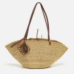 Pre Owned Loewe Brown/Natural Woven Raffia and Leather Shell Basket Tote