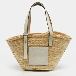 Pre Owned Loewe White/Cream Leather and Raffia Beach Basket Bag