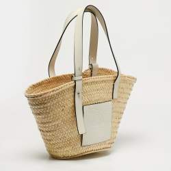 Pre Owned Loewe White/Cream Leather and Raffia Beach Basket Bag