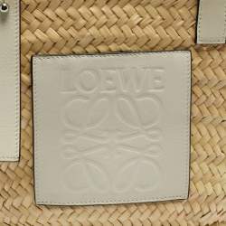 Pre Owned Loewe White/Cream Leather and Raffia Beach Basket Bag