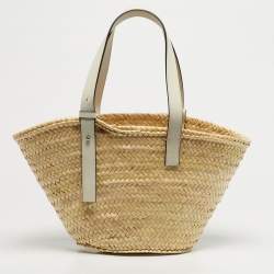 Pre Owned Loewe White/Cream Leather and Raffia Beach Basket Bag