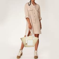 Pre Owned Loewe White/Cream Leather and Raffia Beach Basket Bag