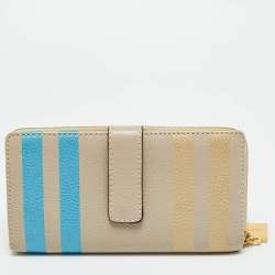 Pre Owned Loewe Stripe Beige Leather Zip Continental Wallet