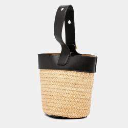 Pre Owned Loewe Black Brown Mini Raffia Pebble Bucket Bag