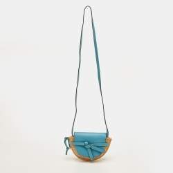 Pre Owned Loewe Gate Mini Blue/Beige Leather and Woven Raffia Shoulder Bag