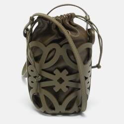 Pre Owned Loewe Anagram Cut Out Olive Green Leather Bucket Bag
