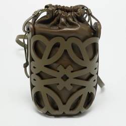 Pre Owned Loewe Anagram Cut Out Olive Green Leather Bucket Bag