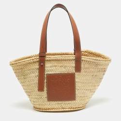 Pre Owned Loewe Beige/Brown Raffia and Leather Basket Tote