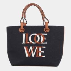 Pre Owned Loewe Logo 2-way Navy Wool Leather Tote Bag