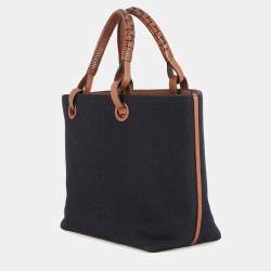 Pre Owned Loewe Logo 2-way Navy Wool Leather Tote Bag