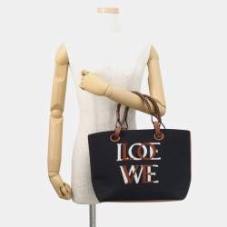 Pre Owned Loewe Logo 2-way Navy Wool Leather Tote Bag