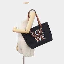 Pre Owned Loewe Logo 2-way Navy Wool Leather Tote Bag