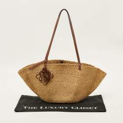 Pre Owned Loewe Brown/Natural Woven Raffia and Leather Shell Basket Tote