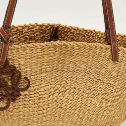 Pre Owned Loewe Brown/Natural Woven Raffia and Leather Shell Basket Tote