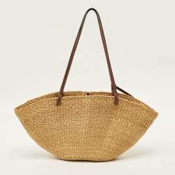 Pre Owned Loewe Brown/Natural Woven Raffia and Leather Shell Basket Tote