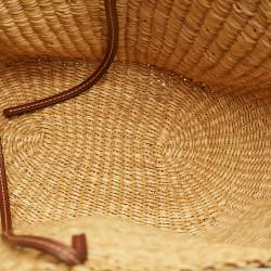 Pre Owned Loewe Brown/Natural Woven Raffia and Leather Shell Basket Tote