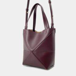 Pre Owned Loewe Puzzle Fold Tote Bordeaux Shiny Calf Leather Size Mini