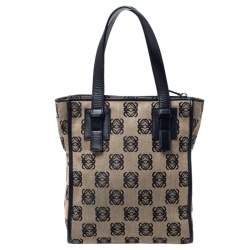 Pre Owned Loewe Black/Beige Anagram Logo Canvas and Leather Tote