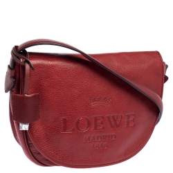 Pre Owned Loewe Red Leather Logo Embossed Flap Crossbody Bag