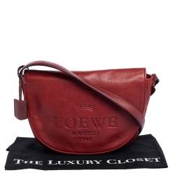 Pre Owned Loewe Red Leather Logo Embossed Flap Crossbody Bag
