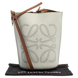Pre Owned Loewe White/Brown Leather Gate Anagram Bucket Bag